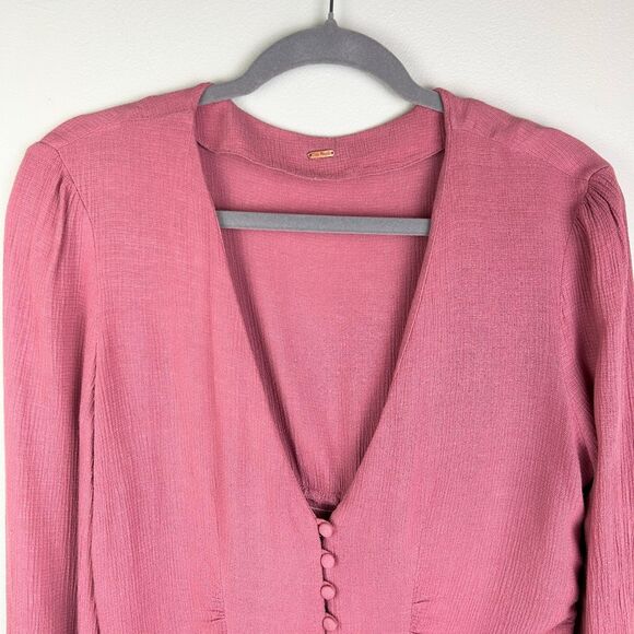 Free People Maise Button Front Blouse Long Puff Sleeve Top Rose Mauve Pink S M - Picture 3 of 14
